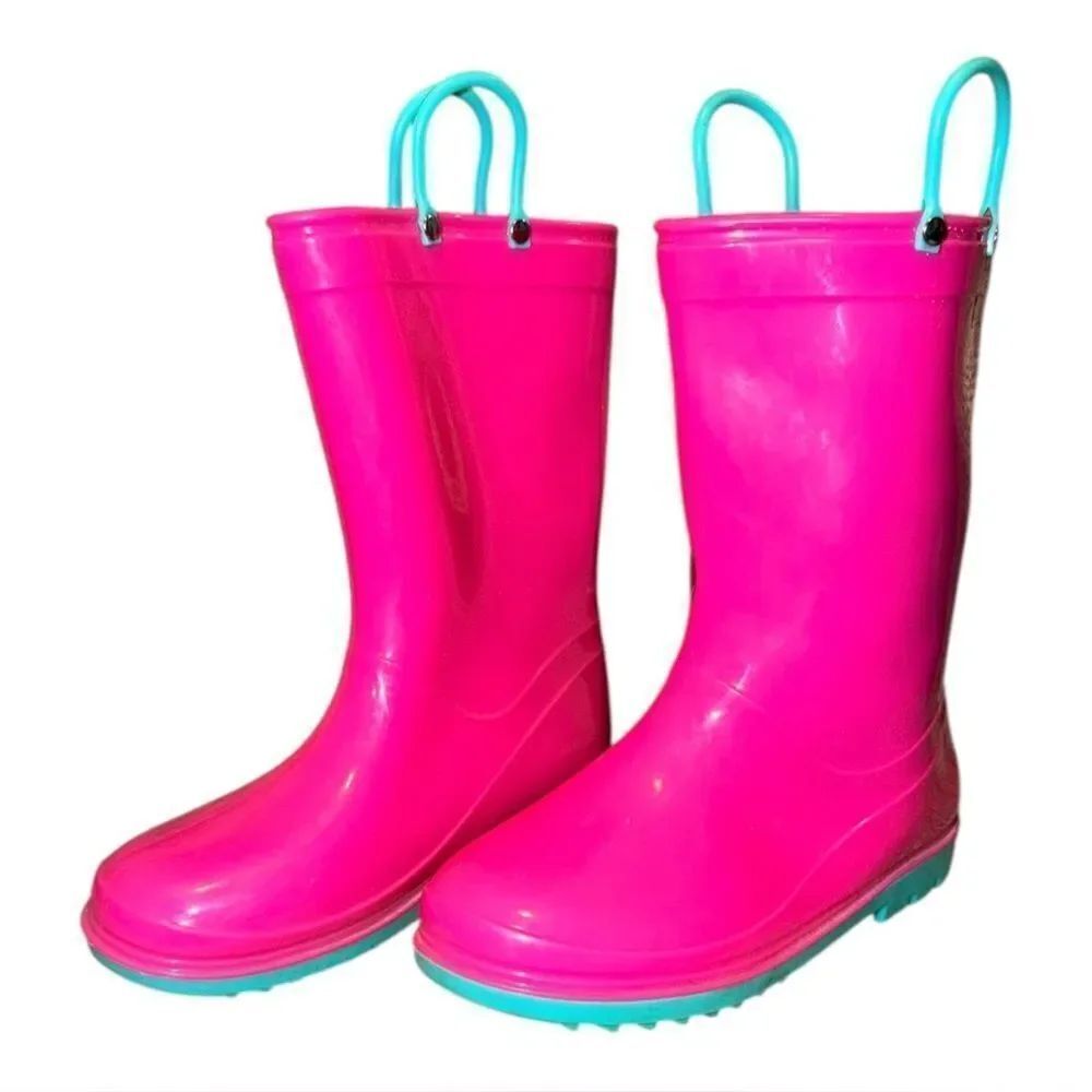 Girls Bright Pink & Blue Classic Rain Boots Pull On 1.5M EUC